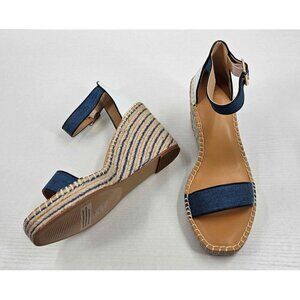Cabi Parker Espadrille Wedge Adj Ankle Strap Gold Hardware Blue White Sandal 8.5